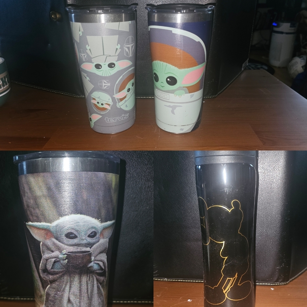 Selling 5 high-quality coffee tumblers featuring Star Wars and Disney designs.